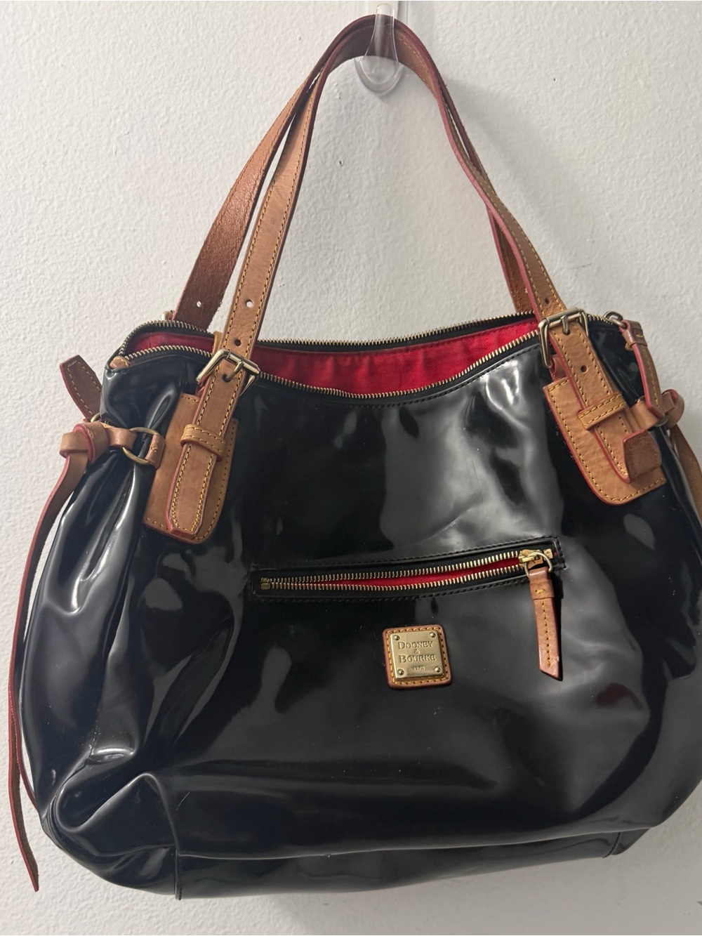 Dooney & Bourke Black Patent Shoulder Bag with Tan Trim and Red Lining